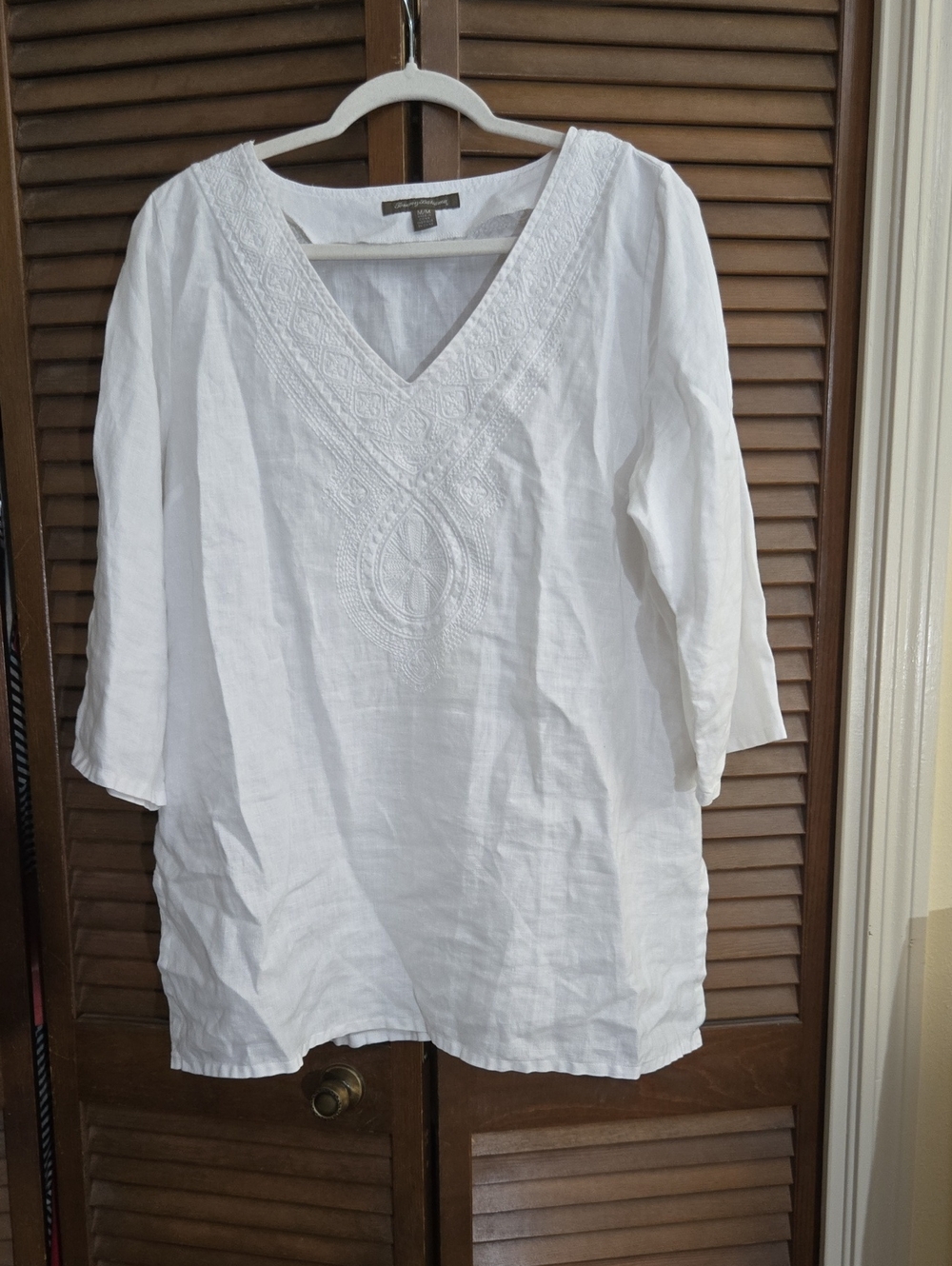 Tommy Bahama White Linen Embroidered V-Neck Tunic